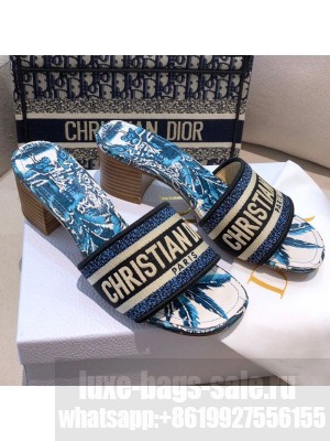 Dior Dway Heeled Slide Sandals in Indigo Blue Palms Embroidered Cotton Spring/Summer 2021 Collection 38