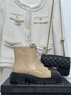 Chanel Calfskin 3.5cm Lace-up Ankle Boots 2023 Beige