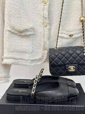 Chanel Calfskin & Patent Flat Mules with Chain Black 2024 