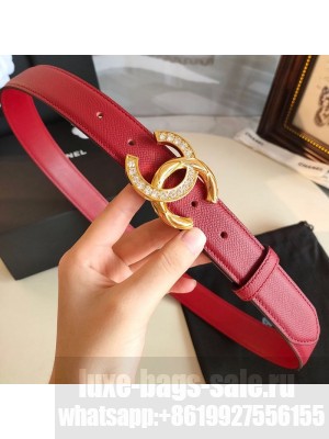 Chanel Grianed Calfskin Belt 30mm with Crystal Metal CC Buckle Red 2019 Collection