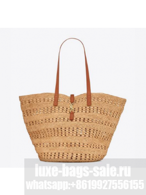 SAINT LAURENT PANIER MEDIUM BAG IN CROCHET RAFFIA AND SMOOTH LEATHER 688221 NATUREL