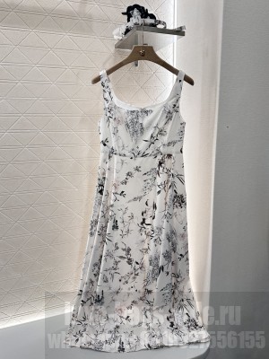 Christian Dior Dress With Belt White Cotton Muslin with Multicolor Millefiori Motif