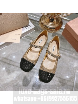 Miu Miu Glitter Flats with metal chain and artificial pearl embellishment Black/Gold
