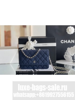 Chanel Grained Calfskin Classic Wallet on Chain WOC Navy Blue/Light Gold 2024 Top Quality