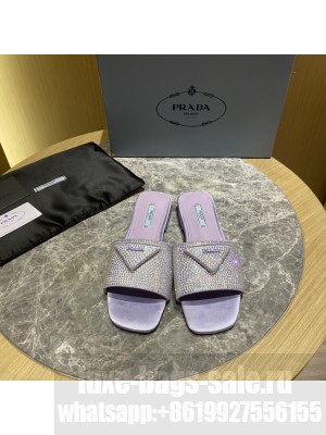 Prada Satin Flat slides sandals With Cryscals 2022 Collection，Purple