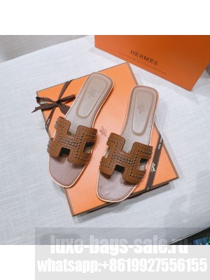 Hermes Oran Flat slippers in calfskin studs Brown 054 2021 Collection
