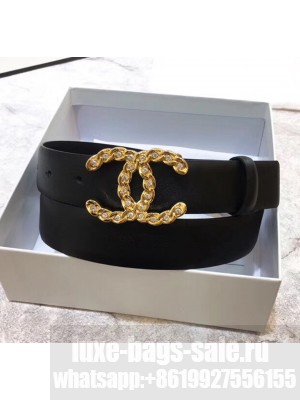 Chanel Width 3cm Calfskin Belt With Crystal CC Buckle Black 2020 Collection