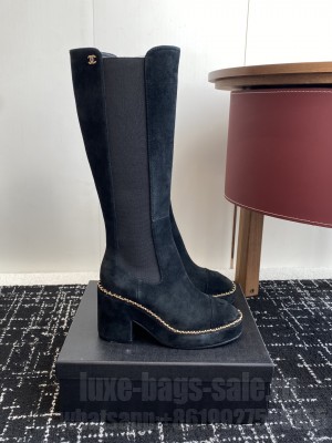 Chanel Suede Heel Platform with Chain Black High Boots