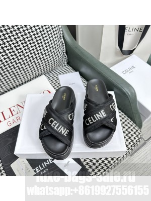CELINE BLOCK 6CM PLATFORM SLIDE IN MESH & TEXTILE WITH CELINE JACQUARD BLACK 03