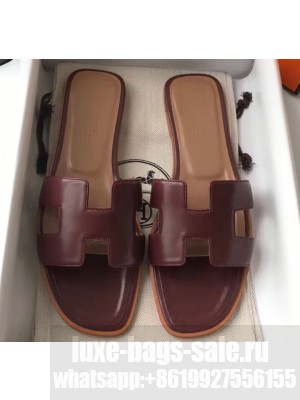 Hermes Oran Flat Slipper Sandals in Swift Box Calfskin Burgundy/Coffee