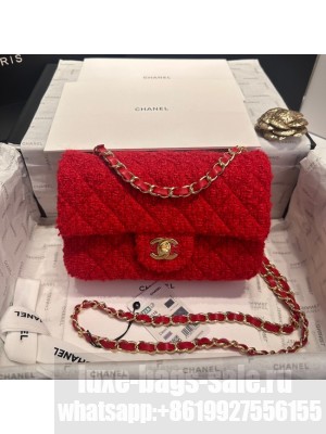 Chanel MINI CLASSIC HANDBAG Wool Tweed & Gold-Tone Metal A69900 red