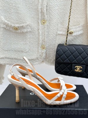 Chanel Vintage Canvas Heel Sandals 7.5cm with Pearls White/Orange 2025