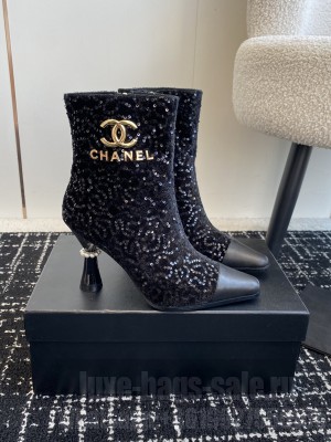 Chanel Tweed and Sequins with Charms Buckle Strap Ankle Boots Black 2024