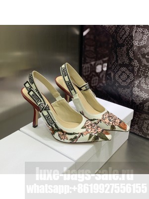 Dior J'Adior Slingback Pumps 9.5cm in White Multicolor Embroidered Cotton with Jardin Botanique Motif 2023