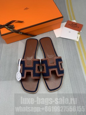 Hermes Oran Denim Flat Slide Sandals 0106 2022 Collection