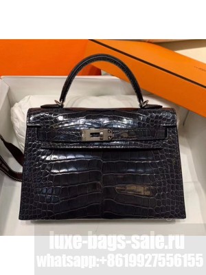 Hermes Mini Kelly II Handbag in Glossy Real Alligator Leather Deep Grey (Handmade) Collection