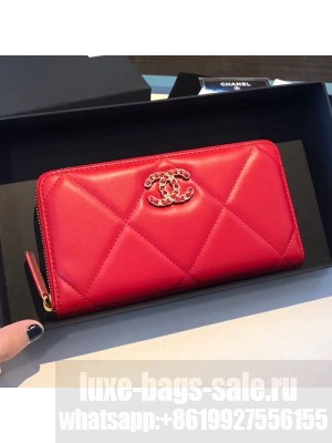 Chanel 19 Goatskin Long Zipped Wallet AP1063 Cerise Red 2019 Collection