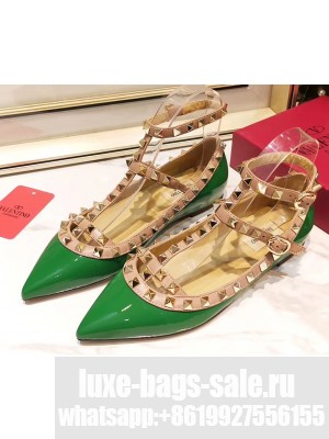Valentino Rockstud Caged Ankle Strap Ballet Flats Ballerinas in Patent Leather Green