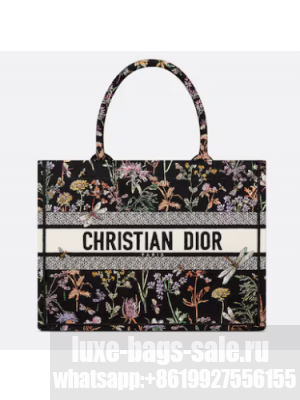 Medium Dior Book Tote Black Multicolor Dior Herbarium Embroidery M1296ZEG