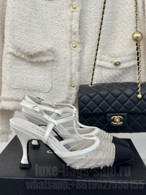 Chanel Lambskin 8.5cm Crystal Mesh Slingbacks White 2024