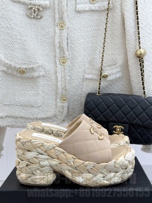 Chanel cotton platform double C slipper beige heel 8cm 2025