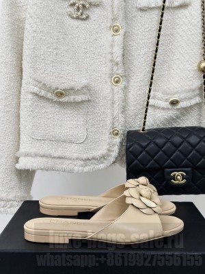 Chanel Lambskin Camellia Bloom Flat Slide Beige