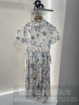 Christian Dior Mid-Length Belted Dress Cotton Muslin with Multicolor Millefiori Motif