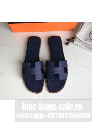 Hermes Oran Flat slippers in epsom leather dark blue with brown piping