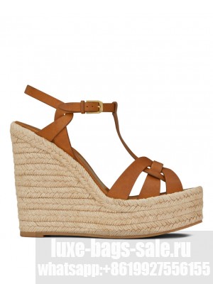 Saint Laurent Women's Tribute Espadrilles Wedge In Smooth Leather Coffee