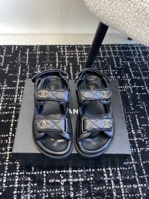 Chanel Grained Calfskin Velcro Dad Sandals Black 2025