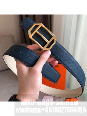 Hermes Pad Reversible Leather Buckle Belt 38mm Blue 2019 Collection