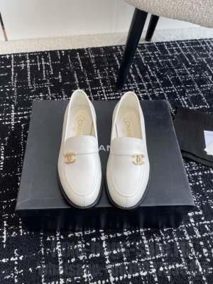 Chanel Calfskin Gold CC Logo Loafer White