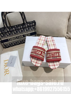 Dior Dway Flat Slide Sandals in Red Check'n'Dior Embroidered Cotton 2021 Collection 
