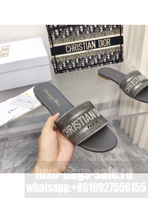 Dior Dway Slide With Crystal Embroidered Cotton Gray 2022 Collection