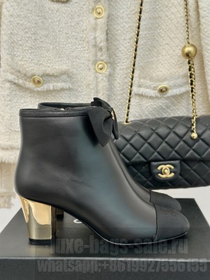 Chanel Calfskin & Grosgrain G45695 Ankle Boots with Bow Black 2024