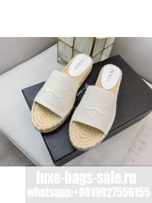 Prada Linen Logo  Embroidered Slides Espadrilles Flats 2022 Collection White