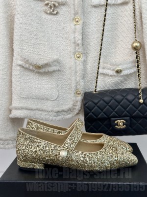 Chanel Glitter Mary Janes Ballet Flat with Pointed Toe Gold 2024 