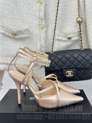 CHANEL CC Ankle Strap Silk 10cm Heel Pumps Sandals Beige