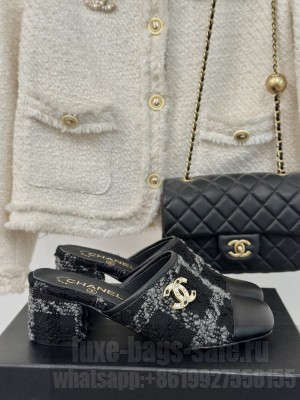 Chanel Tweed & Calfskin Heel Slide Mule White/Gray 2024