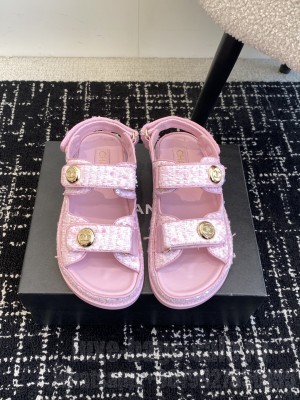 Chanel Tweed Velcro Dad Sandals Denim Pink 2025