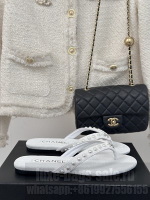 Chanel Thongs Velet & Imitation Pearls White 2025