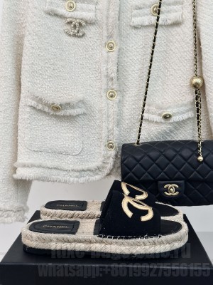 Chanel Canvas Espadrilles Slide Mules Black