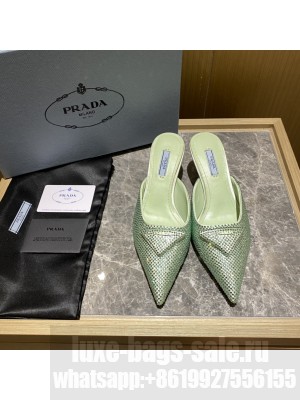 Prada Women's 5.5cm Satin Mule Sandals With Crystals 2022 Collection,Green