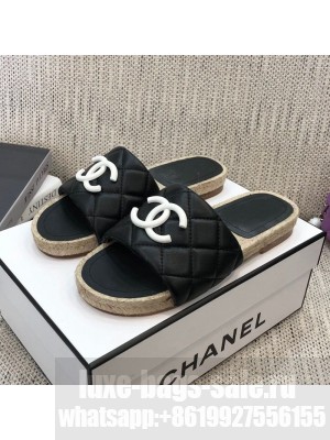 Chanel Quilted Lambskin Flat Espadrilles Slide Sandals Black Spring/Summer 2021 Collection