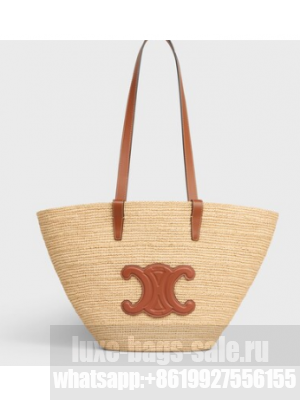 Celine MEDIUM SUPPLE CELINE CLASSIC PANIER IN RAFFIA AND CALFSKIN 114342 TAN