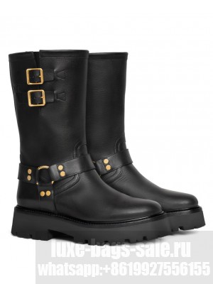 Celine Women's Bulky Mid Biker Boot With Harness In Calfskin Black
