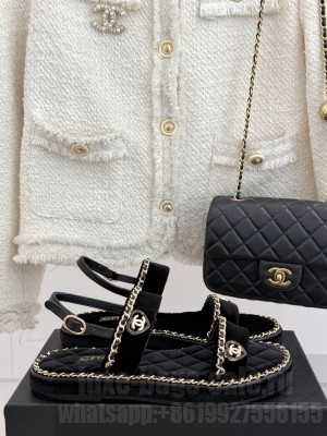 Chanel flat double C with chain sandals black velvet 2025