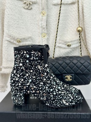 Chanel Sequin Beaded With Bow Booties Black 2024