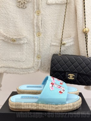 Chanel Canvas Embroidered CC Espadrilles Slide Mules Sky Blue 2025