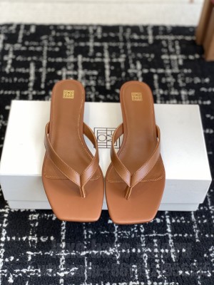 TOTEME Leather heeled flip flops brown